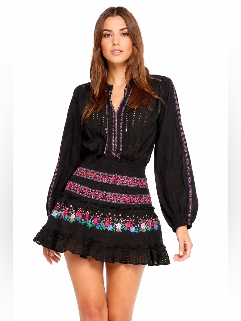 Misa Los Angeles Black Mini Dress with Pink, Purple and Green Floral Embroidery